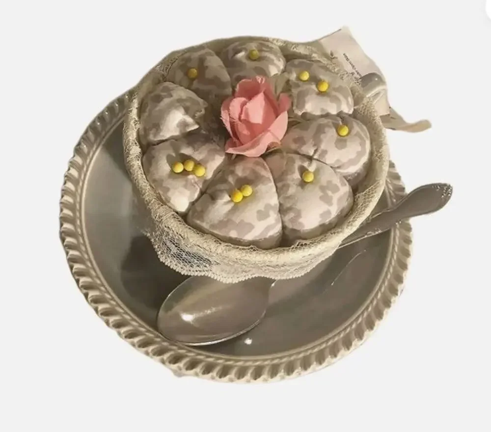 Pin Cushion Tea Cup Saucer Harkerware USA Spoon Rose Handmade Moroccan Pattern